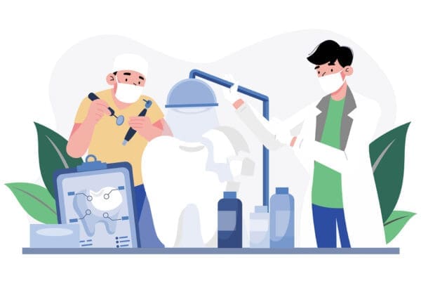 Illustration of dentists working on damaged tooth